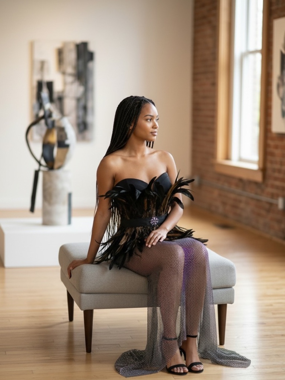 NovaLuxe Feather Corset Dress Sheer Mesh Maxi Glam  Birthday Photoshoot - Picture 6 of 8